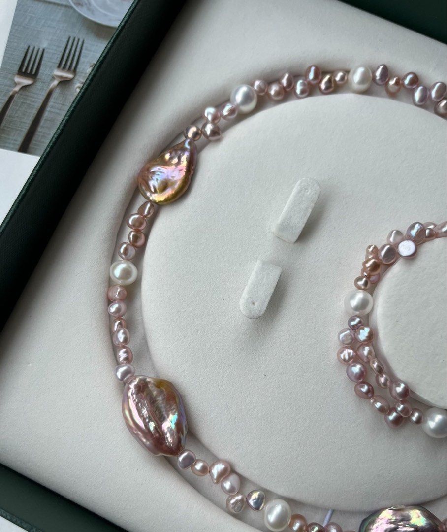 #PN197 Colour Harmony | Freshwater Pearl Bracelet & Necklace Set | Double-layered Bracelet | Baroque Pearl |Mixed Sizes & Colours |Zircon Clasps