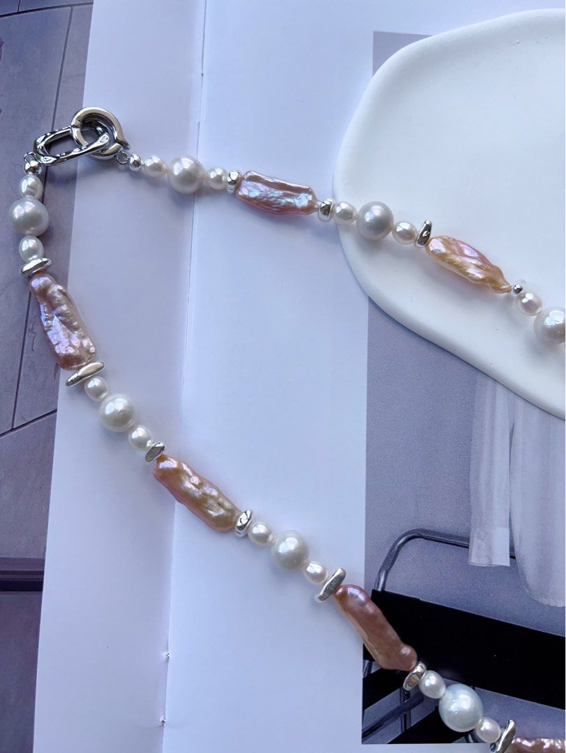 #PN100 High Fashion|Freshwater Pearl Necklace |White Baroque Pearl |Lustrous Purple Baroque Pearl |Stick Shaped|Silver Cool|47cm