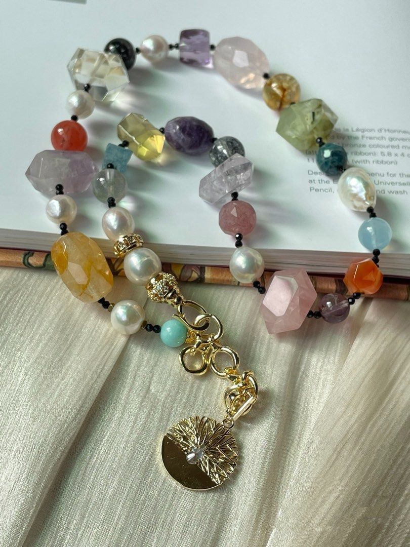 #PN20 Dopamine Gems|Freshwater Pearl Necklace |Amethyst, Citrine Freeform |Aquamarine|Moss Agate|Rose Quartz Freeform |Amazonite
