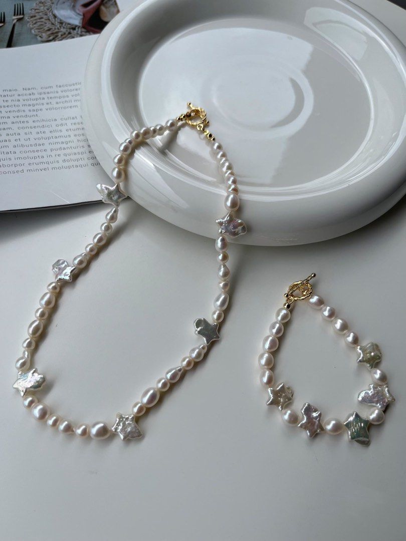 #PN212 Stellar Blossom| Handmade | Freshwater Pearl Necklace & Bracelet Set |Star Shaped Pearl