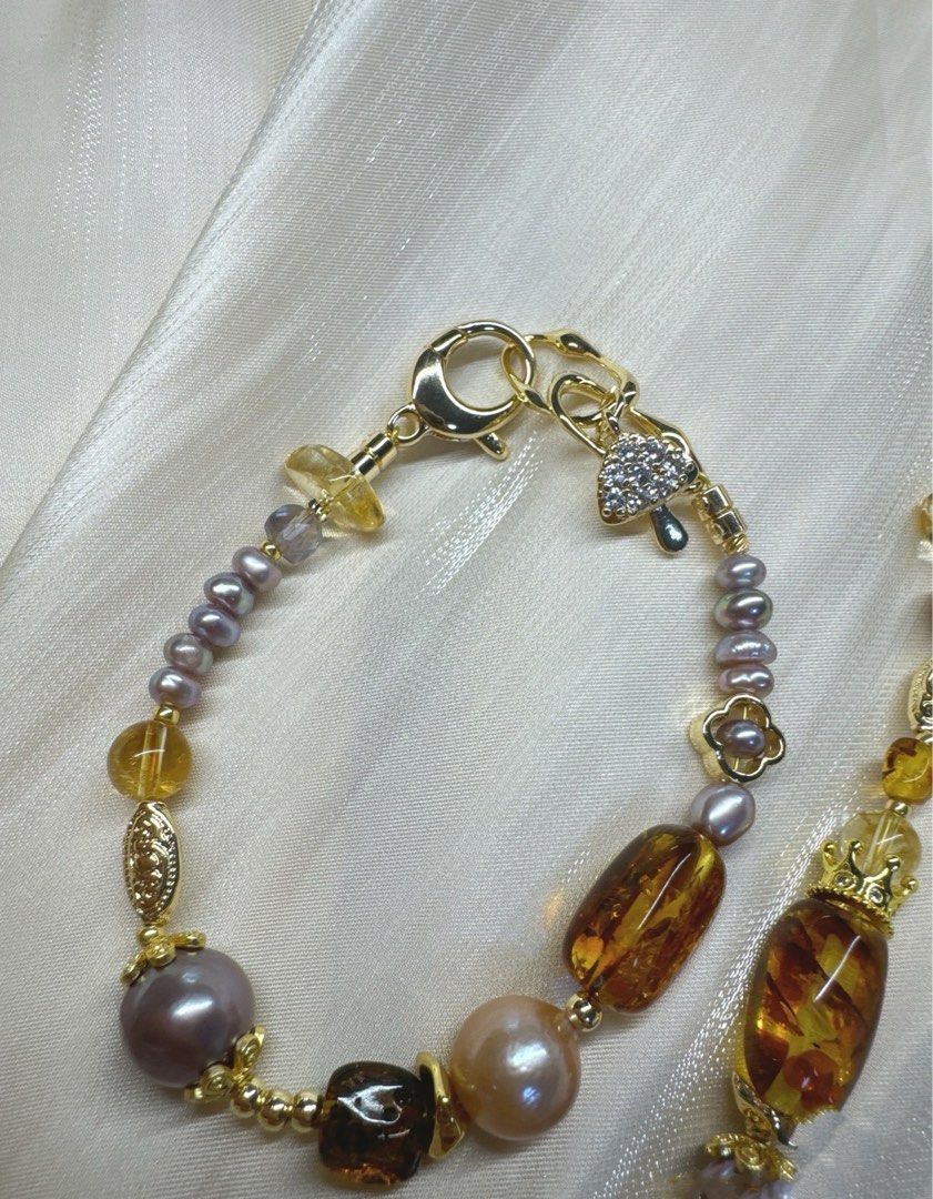 #PN243 Lost World|Freshwater Pearl Necklace & Bracelet Set |Amber|Clover|Big Lustrous Baroque Pearl |Purple Quartz |Baby Pearl