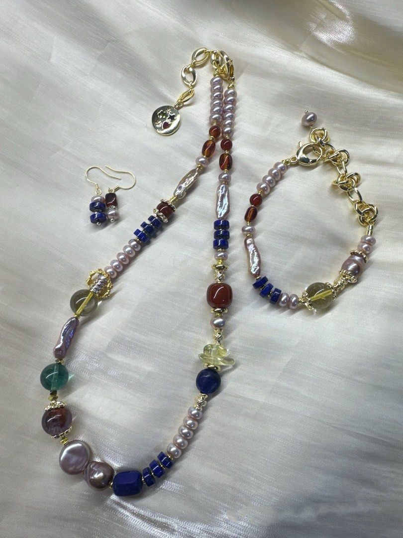 #PN228 Red & Blue|Freshwater Pearl Necklace & Bracelet & Earrings Set |Lapis Lazuli |Purple Baroque |Coin, Lute Shaped Pearl |Yellow Quartz |Green Strawberry Quartz |Purple Phantom Quartz |Red Agate