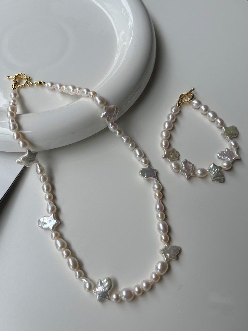#PN212 Stellar Blossom| Handmade | Freshwater Pearl Necklace & Bracelet Set |Star Shaped Pearl