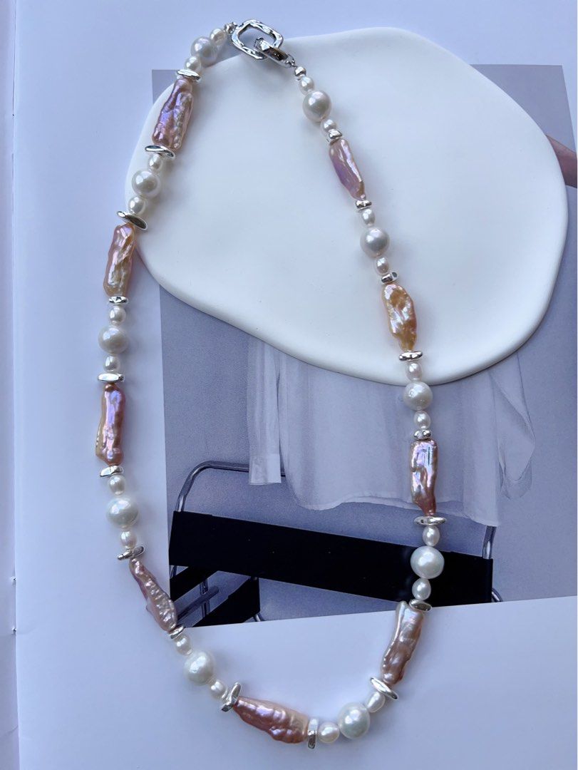 #PN100 High Fashion|Freshwater Pearl Necklace |White Baroque Pearl |Lustrous Purple Baroque Pearl |Stick Shaped|Silver Cool|47cm