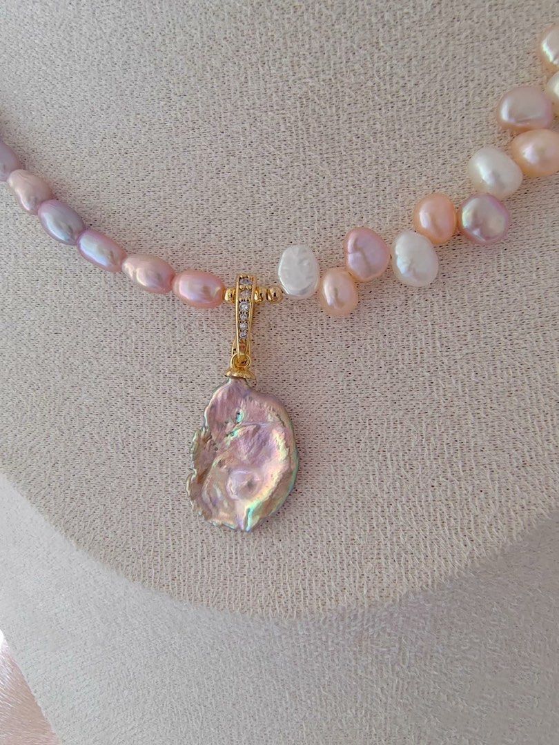 #PN289 Ocean’s Glow| Freshwater Pearl Necklace | Wheat Ear Design | Removable Pendant | Metallic Lustre | Natural Flaws