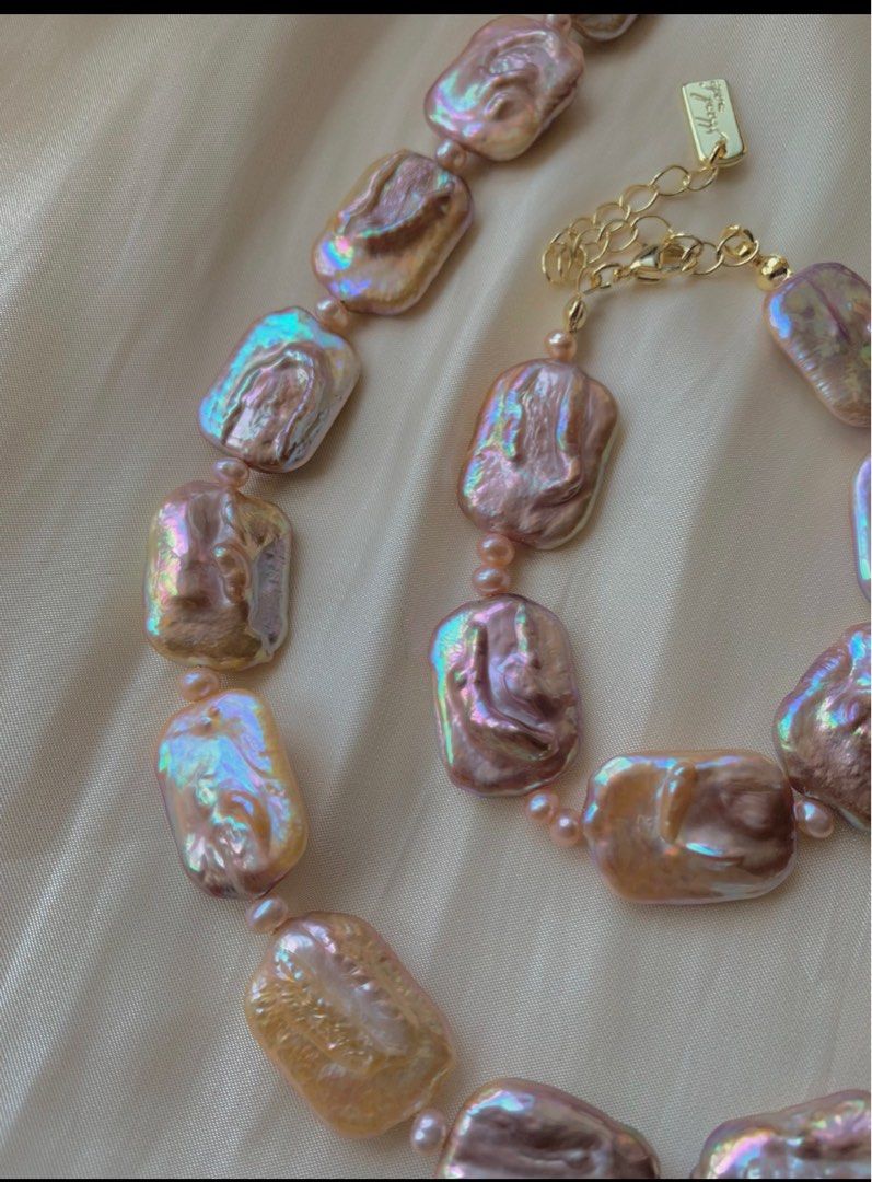 #PN198 Golden Flash|Genuine Freshwater Pearl Necklace & Bracelet Set |Baroque Pearl |Square Shaped |Golden-Purple|Excellent Lustre