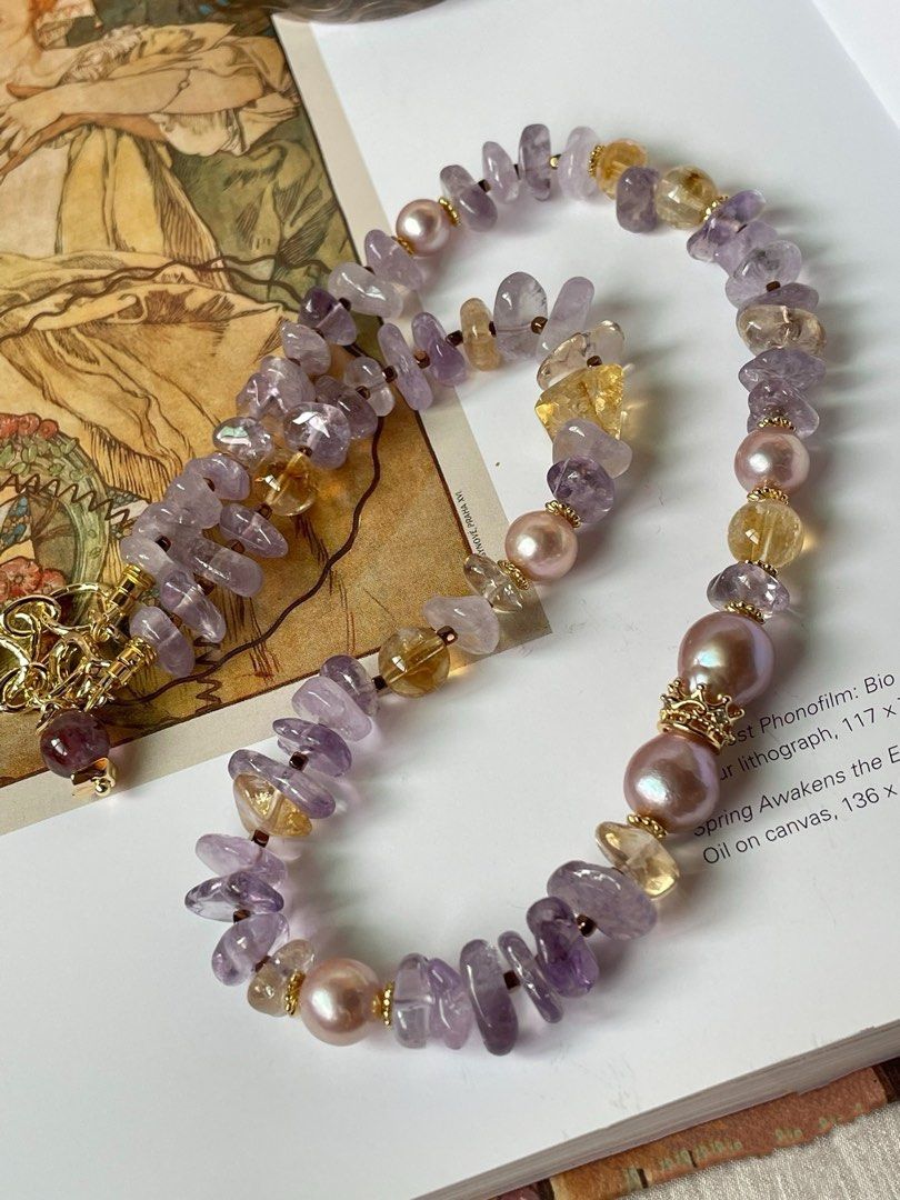 #PN21 Mystic Allure|Freshwater Pearl Necklace | Amethyst Chip| Citrine Chip|Purple Lustrous Baroque Pearl