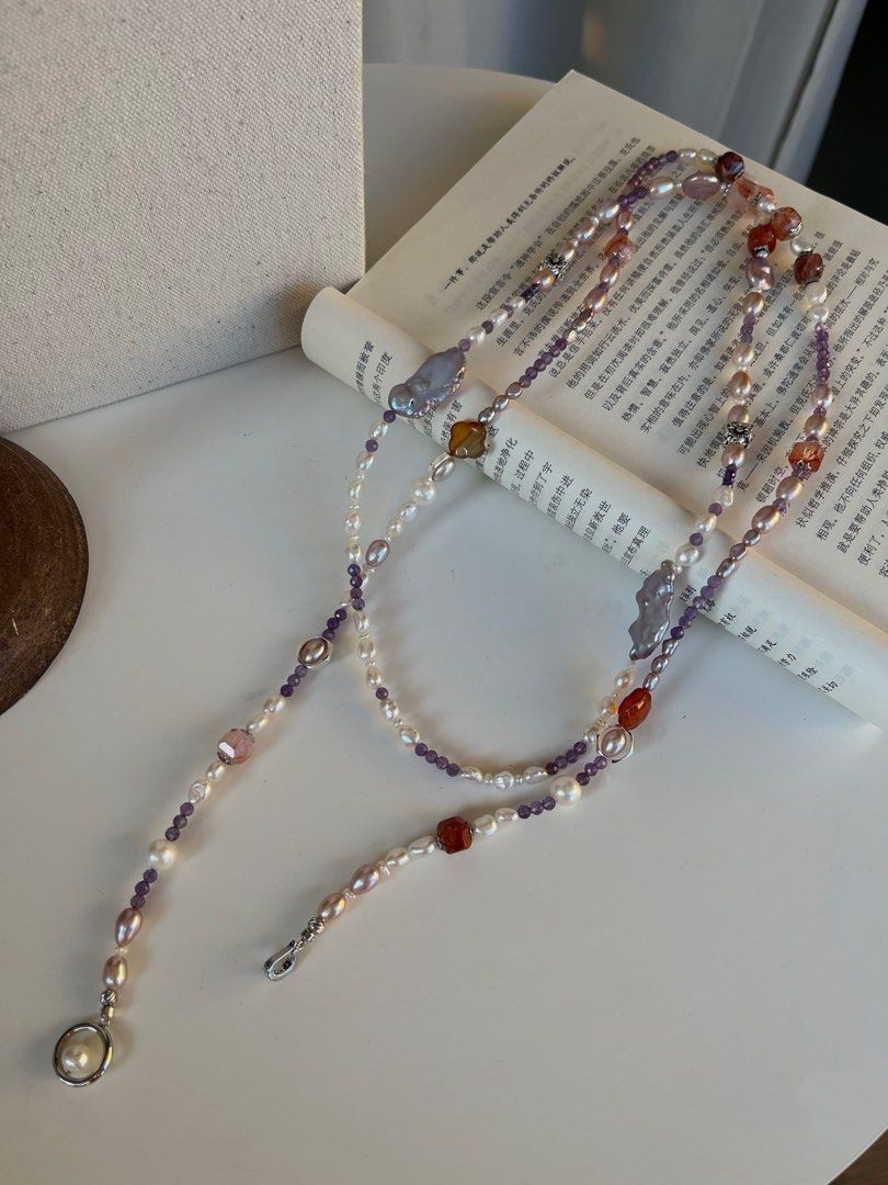 #PN45 Getting Purple | Freshwater Pearl Necklace |Super Long|Multi Wear|Natural Stones|Quartz|Agate|Baroque Pearl
