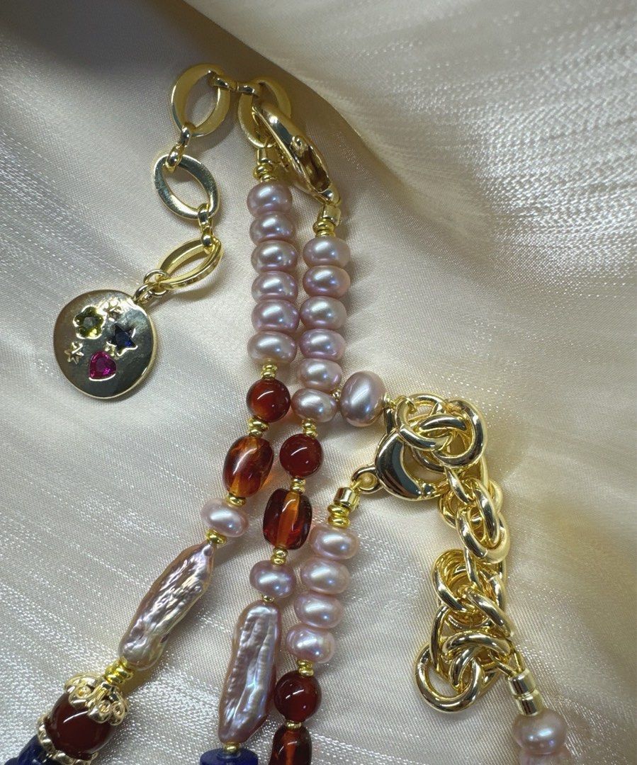 #PN228 Red & Blue|Freshwater Pearl Necklace & Bracelet & Earrings Set |Lapis Lazuli |Purple Baroque |Coin, Lute Shaped Pearl |Yellow Quartz |Green Strawberry Quartz |Purple Phantom Quartz |Red Agate