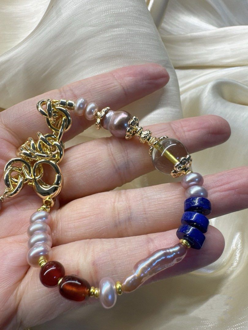 #PN228 Red & Blue|Freshwater Pearl Necklace & Bracelet & Earrings Set |Lapis Lazuli |Purple Baroque |Coin, Lute Shaped Pearl |Yellow Quartz |Green Strawberry Quartz |Purple Phantom Quartz |Red Agate