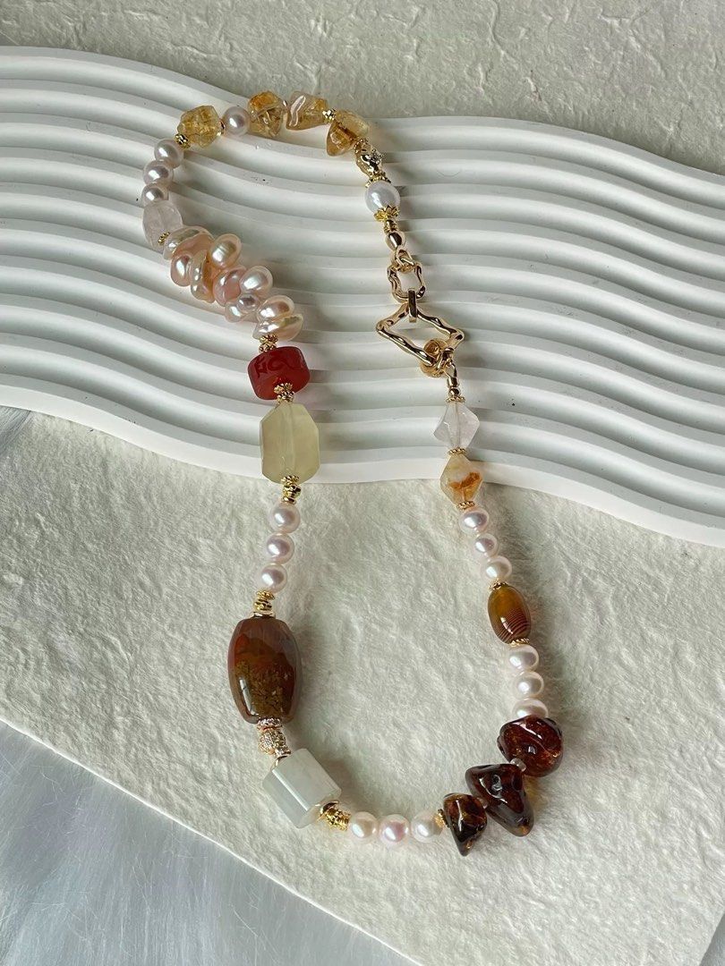 #PN46 Starlit Stones|Freshwater Pearl Necklace |Big Red Agate Barrel |Big Lemon Quartz |Petal Baroque Pearl |Big Beeswax Chip|Jade Barrel |Citrine Freeform|Strong Presence