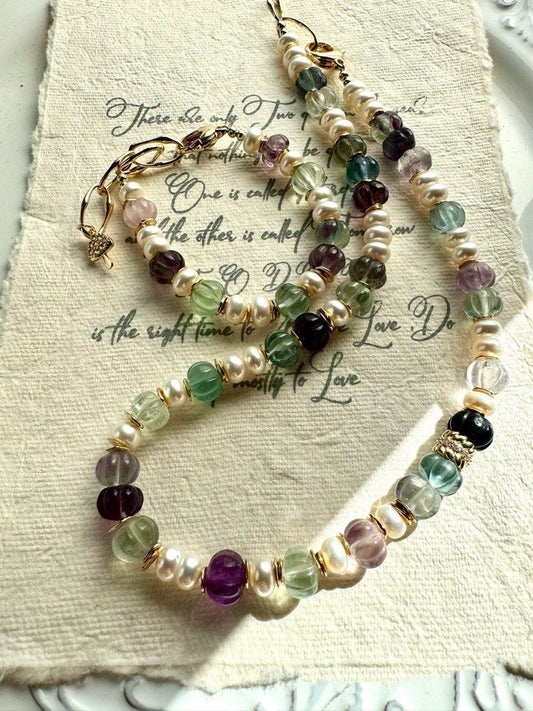 #PN229 Grape Land |Freshwater Pearl Necklace & Bracelet Set |Fluorite|Abacus Shaped Pearls|Pumpkin Stones|Can Connect to Wear