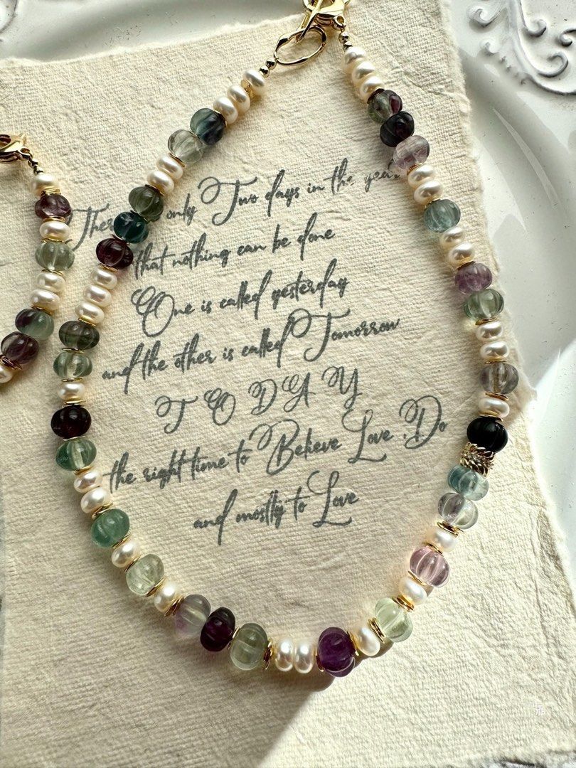 #PN229 Grape Land |Freshwater Pearl Necklace & Bracelet Set |Fluorite|Abacus Shaped Pearls|Pumpkin Stones|Can Connect to Wear