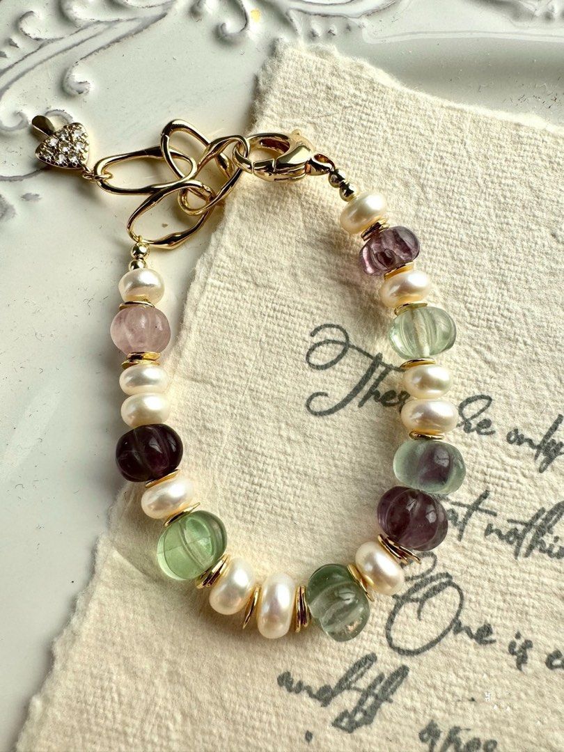 #PN229 Grape Land |Freshwater Pearl Necklace & Bracelet Set |Fluorite|Abacus Shaped Pearls|Pumpkin Stones|Can Connect to Wear