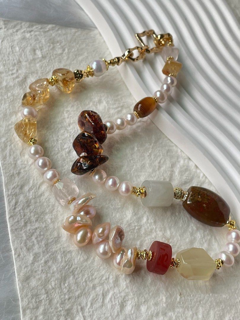 #PN46 Starlit Stones|Freshwater Pearl Necklace |Big Red Agate Barrel |Big Lemon Quartz |Petal Baroque Pearl |Big Beeswax Chip|Jade Barrel |Citrine Freeform|Strong Presence
