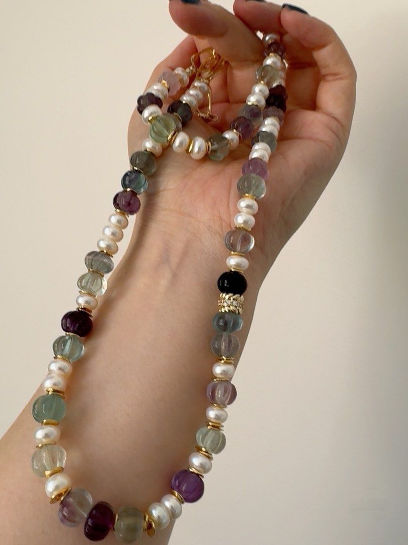 #PN229 Grape Land |Freshwater Pearl Necklace & Bracelet Set |Fluorite|Abacus Shaped Pearls|Pumpkin Stones|Can Connect to Wear