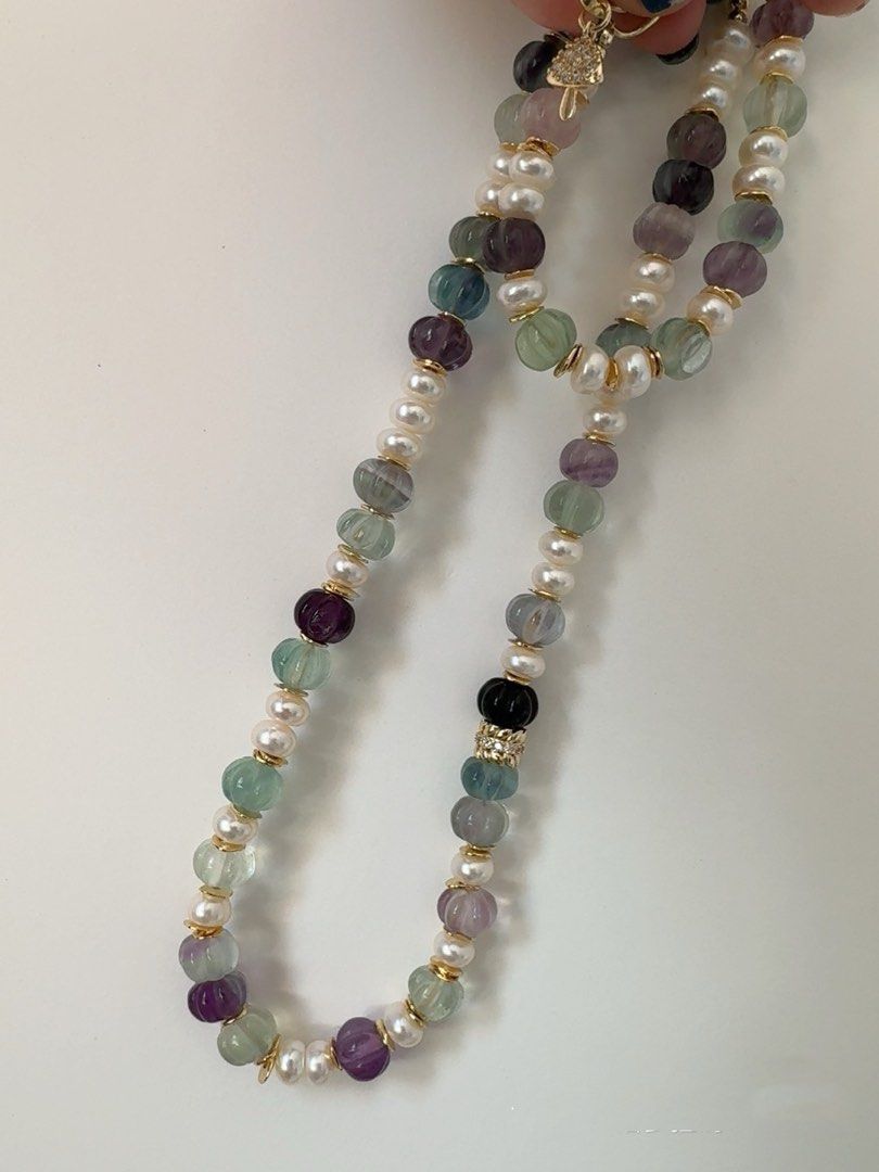 #PN229 Grape Land |Freshwater Pearl Necklace & Bracelet Set |Fluorite|Abacus Shaped Pearls|Pumpkin Stones|Can Connect to Wear