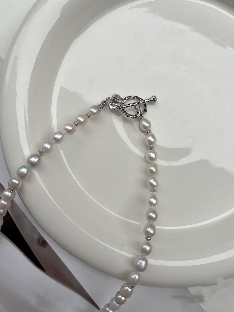 #PN125 Genuine Grey Rose Freshwater Baroque Pearl Necklace |Grey Rice Pearl |Blue-Silver Petal Rose Baroque Pendant