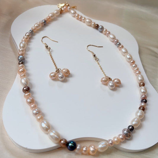 #PN102 Genuine Freshwater Pearl Necklace & Earring Set Rice Pearl Mixed Colour