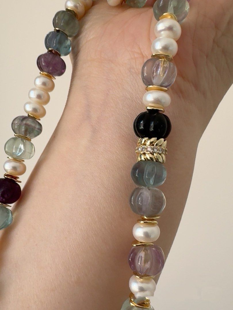 #PN229 Grape Land |Freshwater Pearl Necklace & Bracelet Set |Fluorite|Abacus Shaped Pearls|Pumpkin Stones|Can Connect to Wear