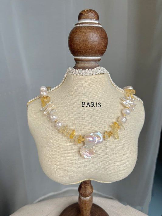 #PN230 Tail Baroque |Freshwater Pearl Necklace & Bracelet Set |Big Irregular Baroque Pearl |Excellent Lustre|Yellow Quartz |Natural Growth Lines