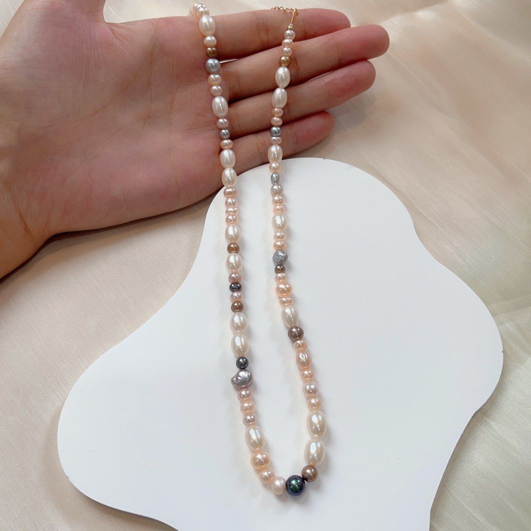 #PN102 Genuine Freshwater Pearl Necklace & Earring Set Rice Pearl Mixed Colour