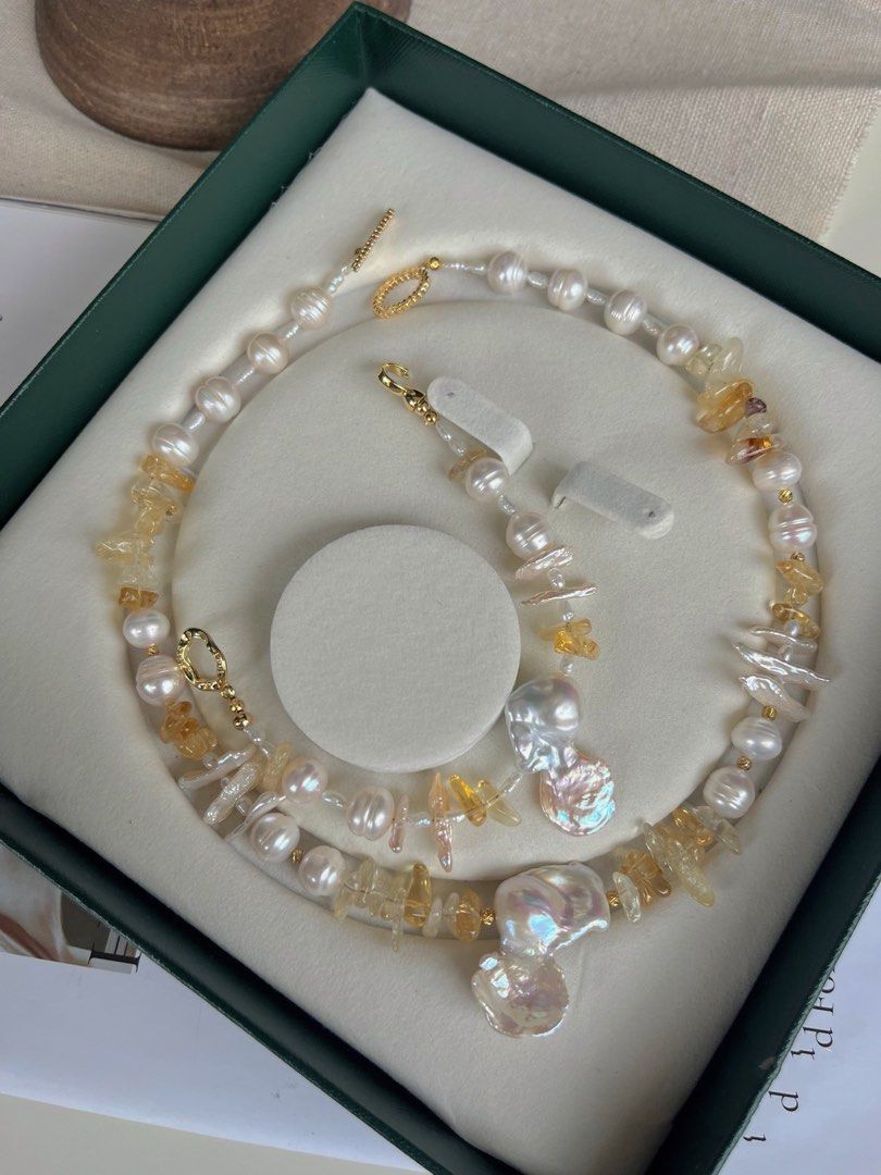 #PN230 Tail Baroque |Freshwater Pearl Necklace & Bracelet Set |Big Irregular Baroque Pearl |Excellent Lustre|Yellow Quartz |Natural Growth Lines
