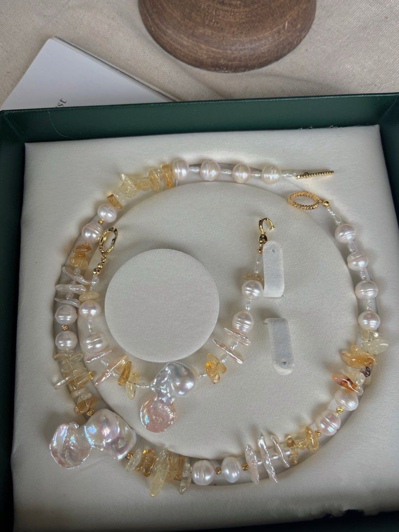 #PN230 Tail Baroque |Freshwater Pearl Necklace & Bracelet Set |Big Irregular Baroque Pearl |Excellent Lustre|Yellow Quartz |Natural Growth Lines