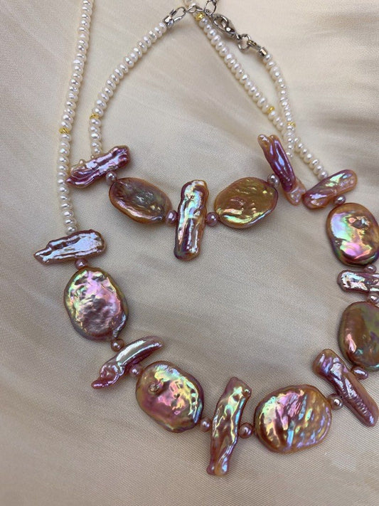 #PN217 Square & Stick Baroque Pearl Necklace & Bracelet Set |Freshwater Pearl |Purple|Lustrous|Baby white Baroque Pearl