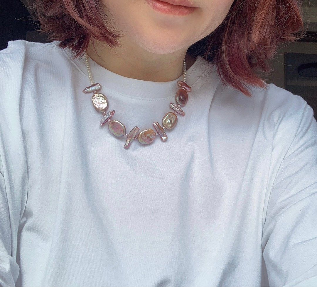 #PN217 Square & Stick Baroque Pearl Necklace & Bracelet Set |Freshwater Pearl |Purple|Lustrous|Baby white Baroque Pearl