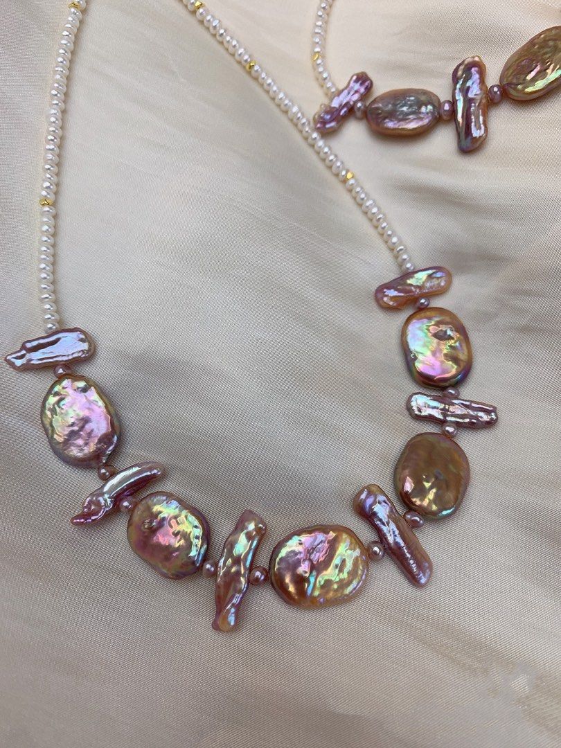 #PN217 Square & Stick Baroque Pearl Necklace & Bracelet Set |Freshwater Pearl |Purple|Lustrous|Baby white Baroque Pearl