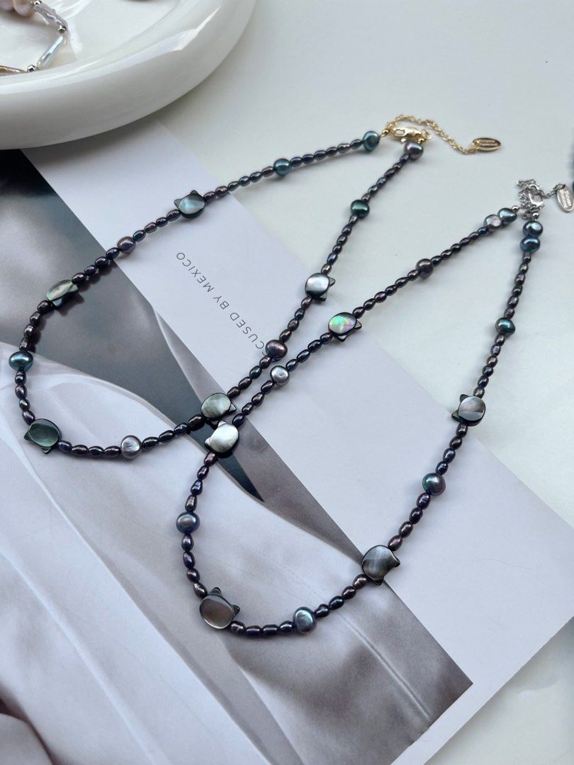 #PN87 Popular Cat Shell Pearl & Malachite Green Baroque Pearl Necklace |Plated Pearl Colour