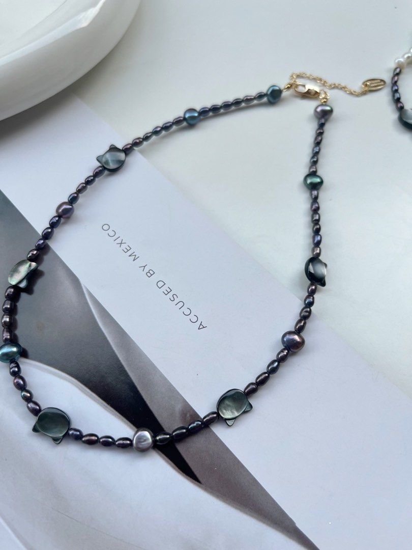 #PN87 Popular Cat Shell Pearl & Malachite Green Baroque Pearl Necklace |Plated Pearl Colour