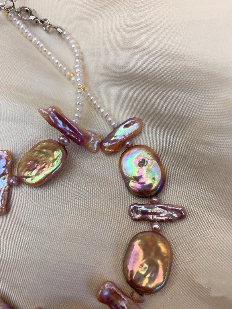 #PN217 Square & Stick Baroque Pearl Necklace & Bracelet Set |Freshwater Pearl |Purple|Lustrous|Baby white Baroque Pearl