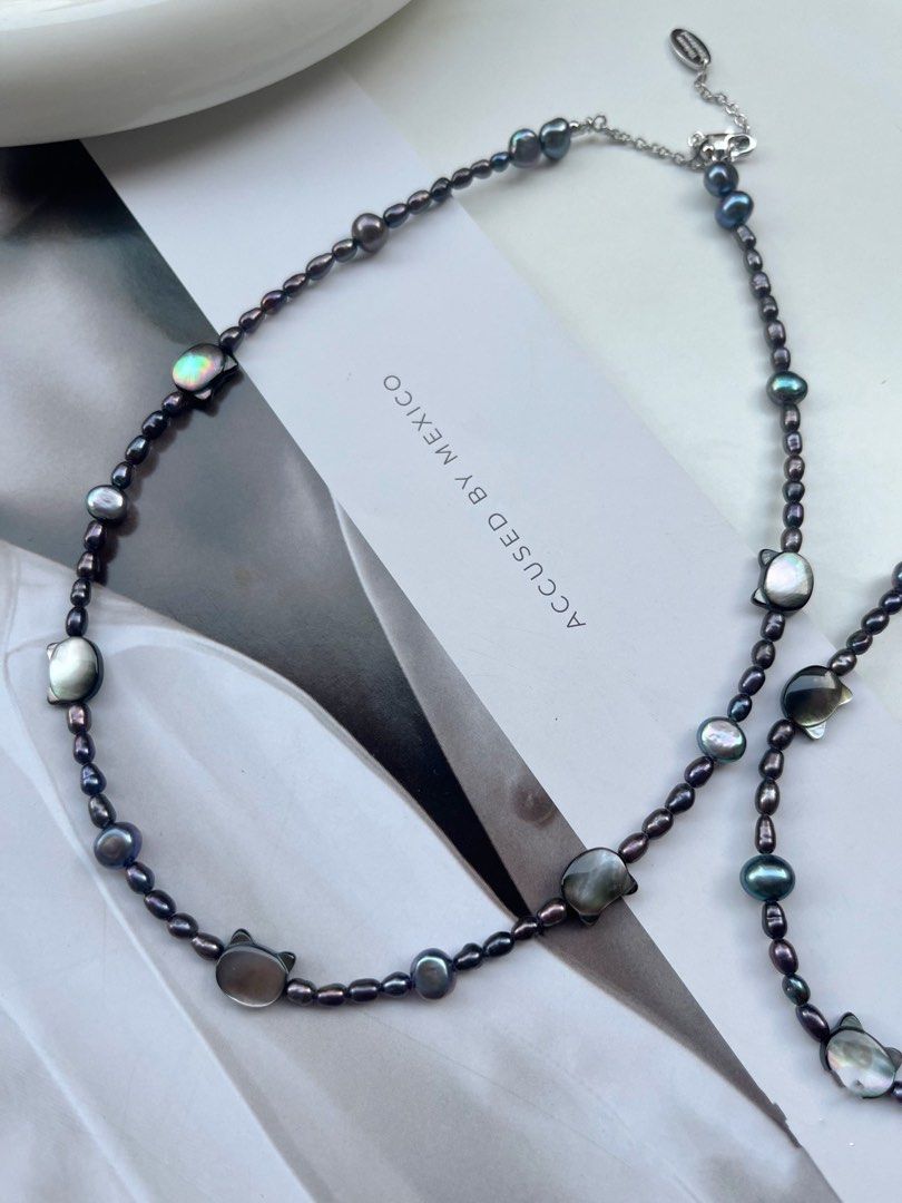 #PN87 Popular Cat Shell Pearl & Malachite Green Baroque Pearl Necklace |Plated Pearl Colour