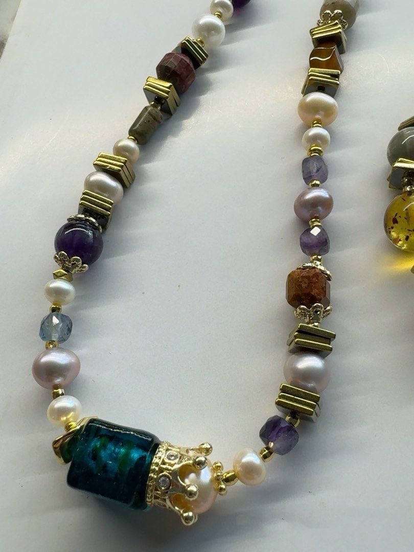 #PN232 Brown Sands|Freshwater Pearl Necklace & Bracelet Set |Vintage Style|Natural Stones|Fluorite|Amber|Mixed Colours