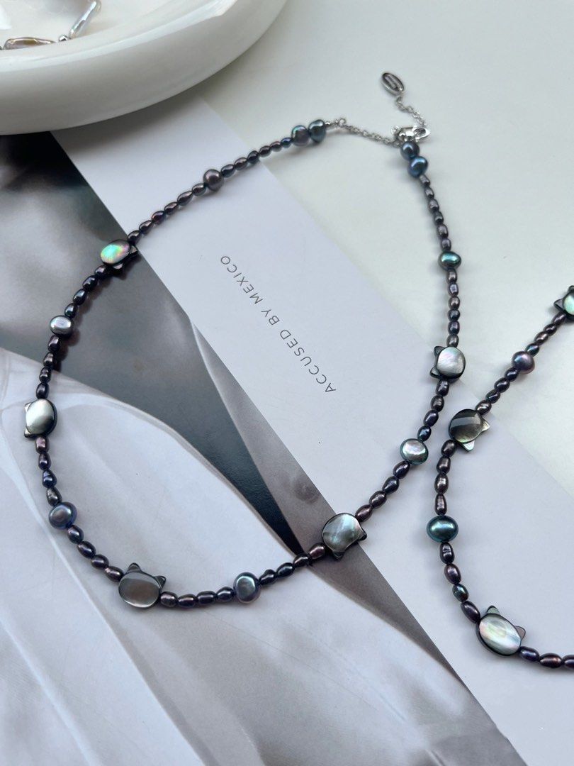 #PN87 Popular Cat Shell Pearl & Malachite Green Baroque Pearl Necklace |Plated Pearl Colour