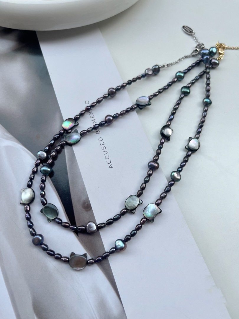 #PN87 Popular Cat Shell Pearl & Malachite Green Baroque Pearl Necklace |Plated Pearl Colour