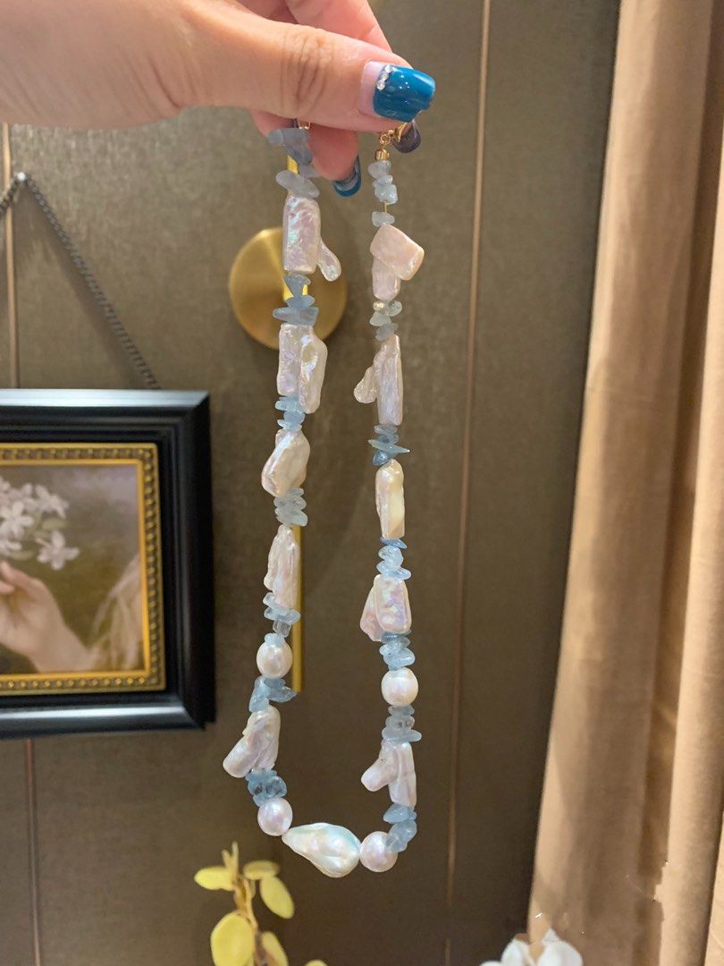 #PN218 Big Baroque Pearl Necklace & Bracelet Set |Aquamarine|Glove Shaped Pearl |Elegant |Bold|Oversized Pearl