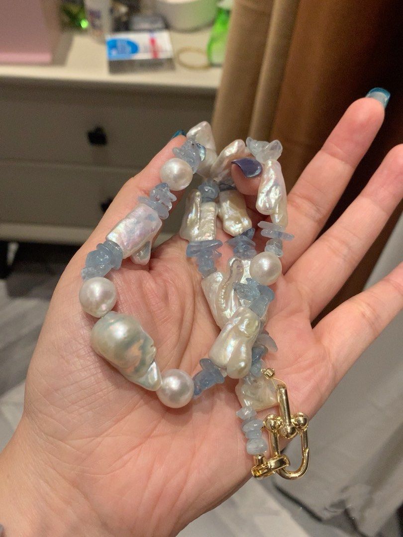 #PN218 Big Baroque Pearl Necklace & Bracelet Set |Aquamarine|Glove Shaped Pearl |Elegant |Bold|Oversized Pearl