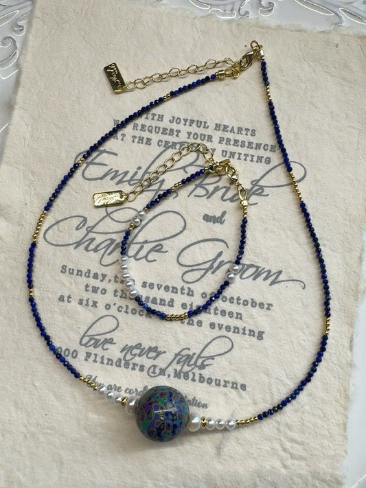 #PN233 Minimalist Chic| Freshwater Pearl Necklace & Bracelet Set | Lapis Lazuli | Baroque Pearl