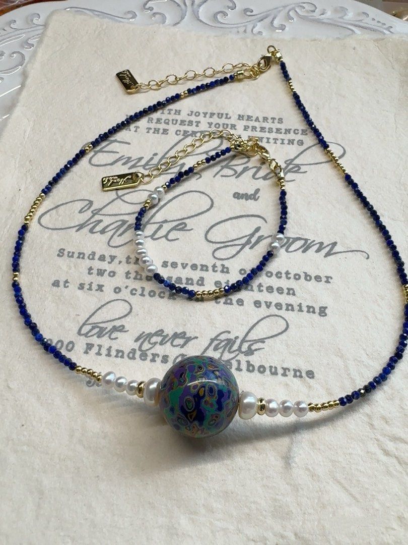 #PN233 Minimalist Chic| Freshwater Pearl Necklace & Bracelet Set | Lapis Lazuli | Baroque Pearl