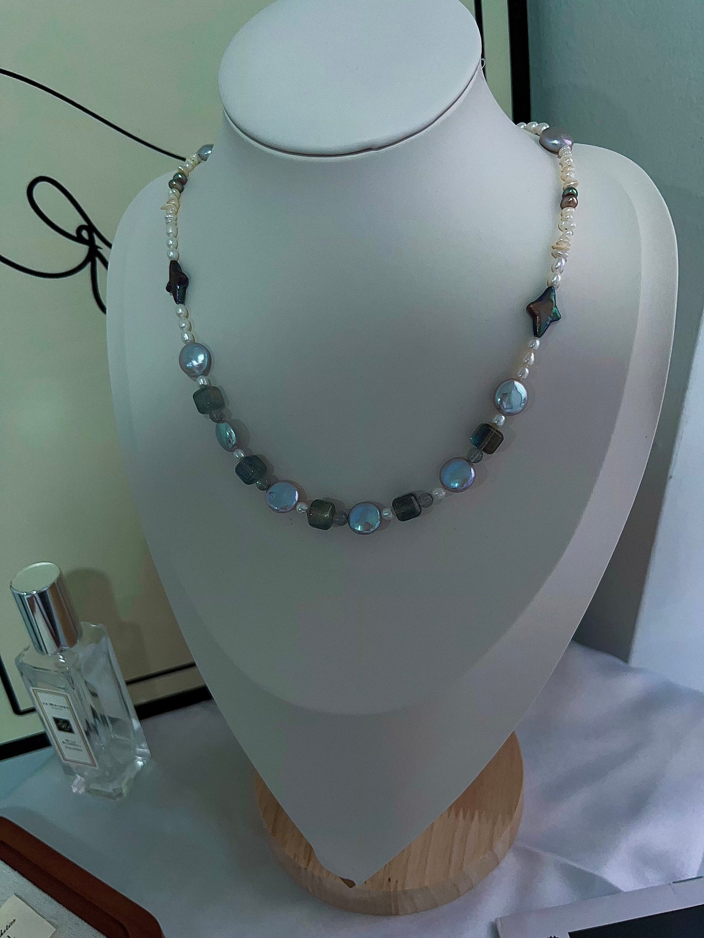 #PN1200 freshwater pearl necklace metallic star labradorite cube strong sheen lustrous purple button baroque