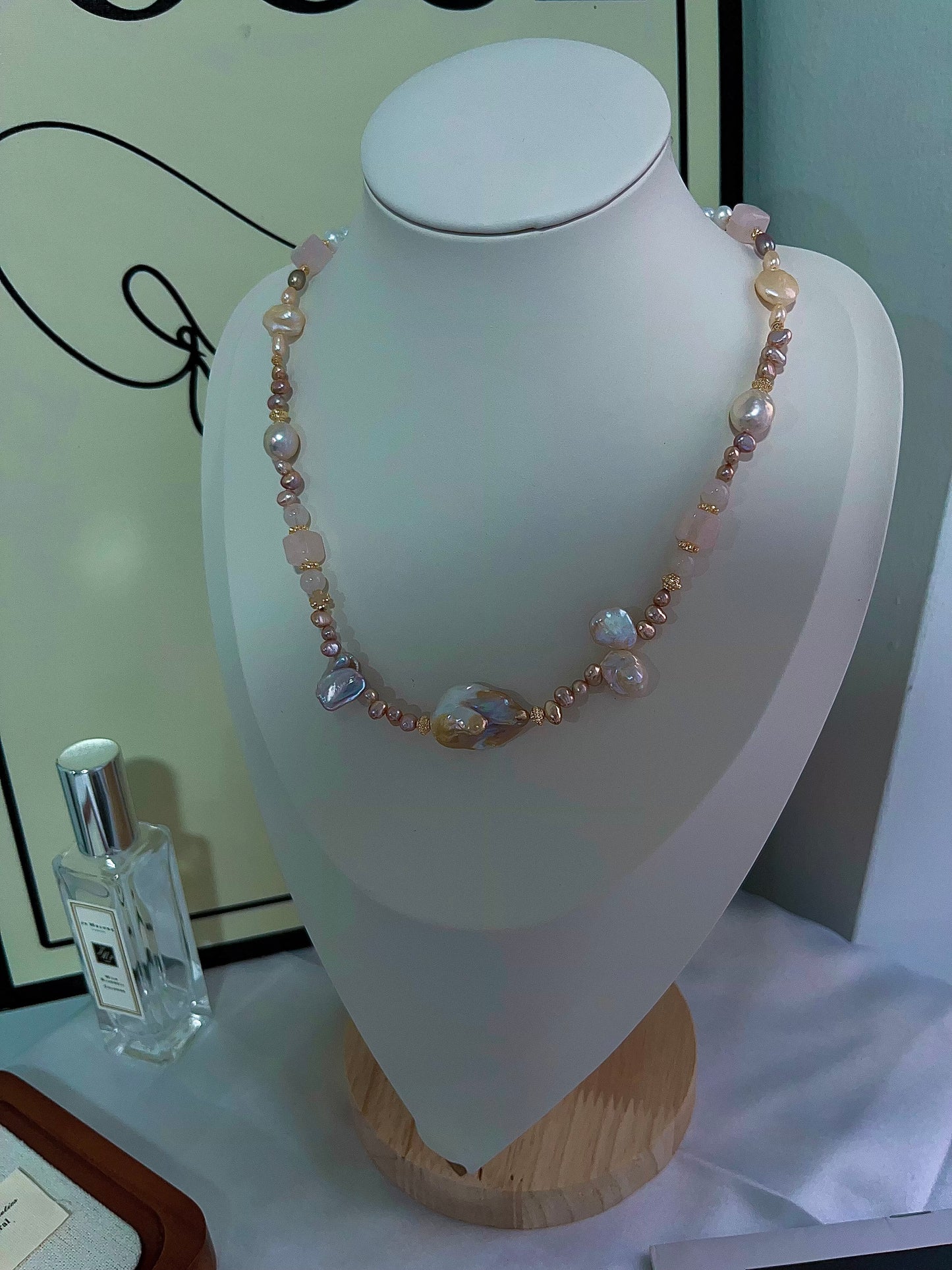 #PN1204 freshwater Pearl necklace rose quartz cube wrinkle baroque lustrous petals golden fishtail baroque metallic rice pearl