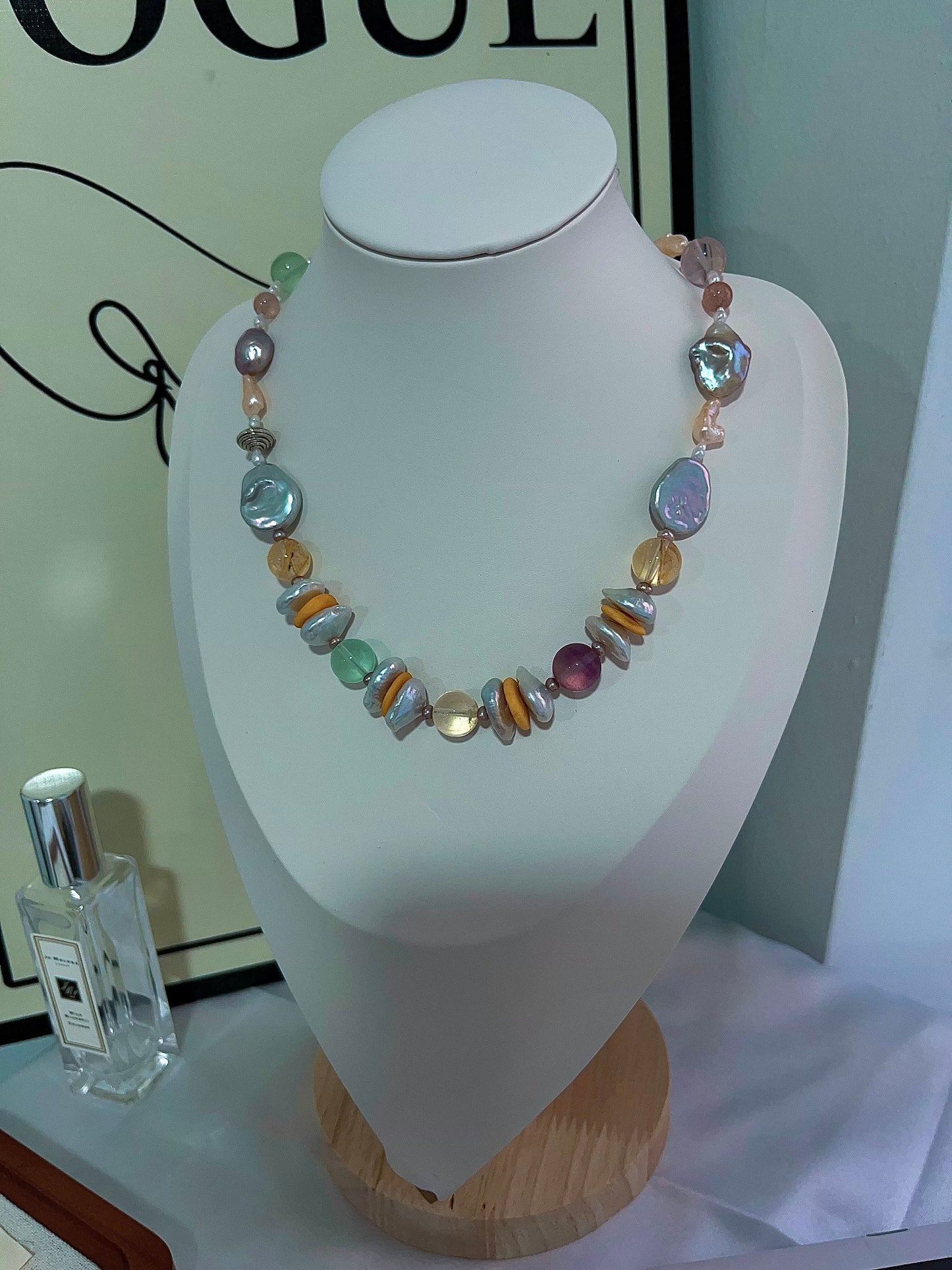 #PN1203 freshwater Pearl necklace rainbow palette fluorite big oval baroque citrine beeswax coin strawberry quartz