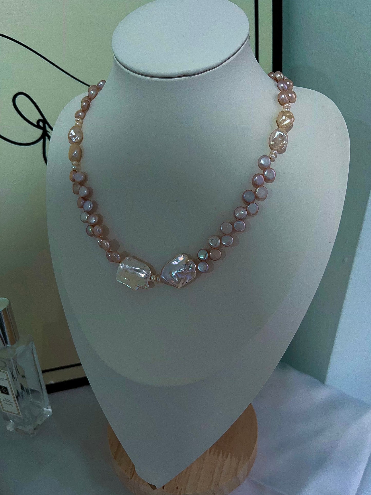 #PN1201 freshwater pearl necklace lace bun pearl champagne stone baroque big lustrous petal