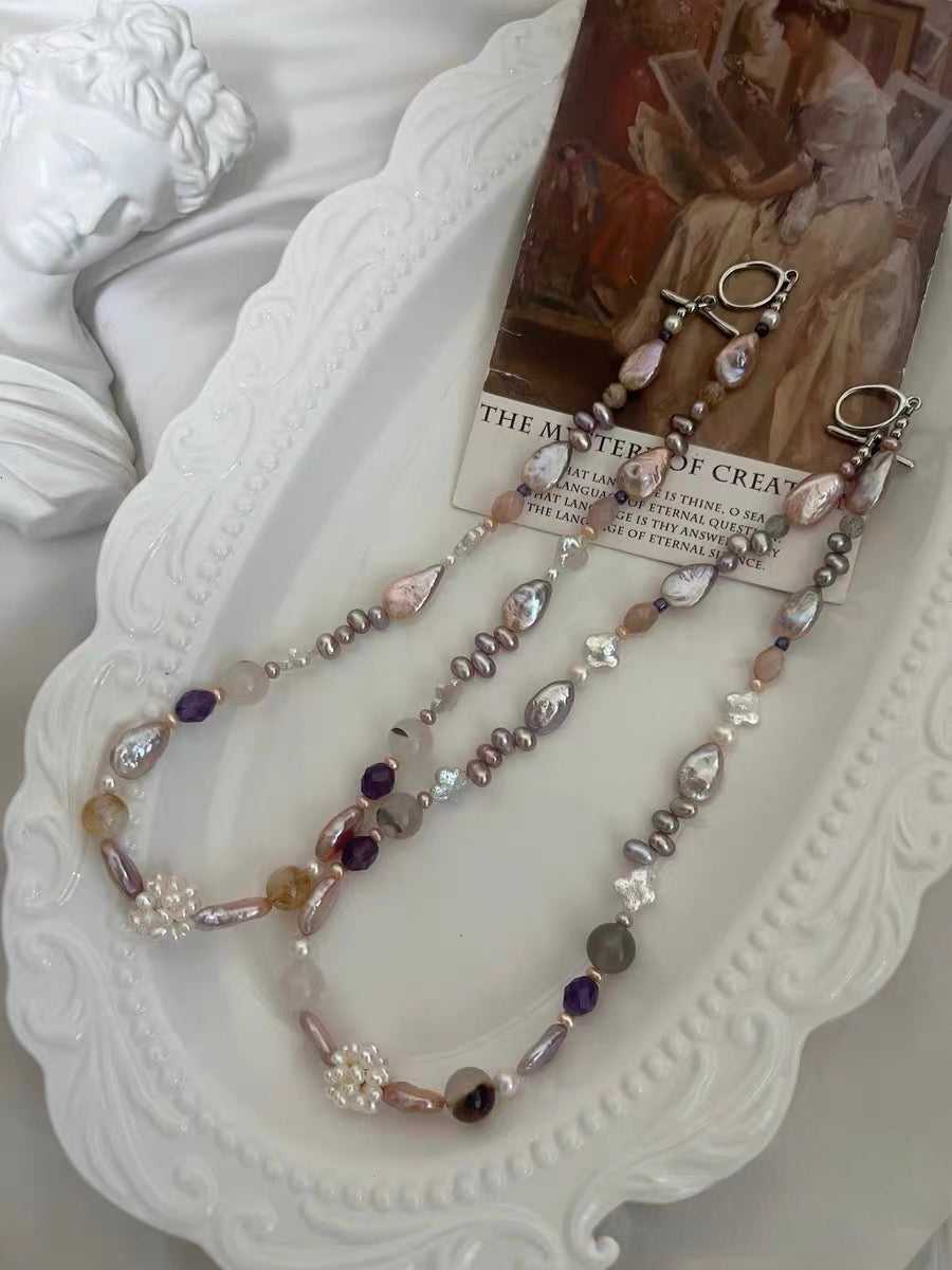 #PN1185 Freshwater Pearl Necklace Mermaid Tears Waterdrop Baroque Clover Pearl Pearl Flower Ball Citrine Agate Amethyst Faceted 43-44cm