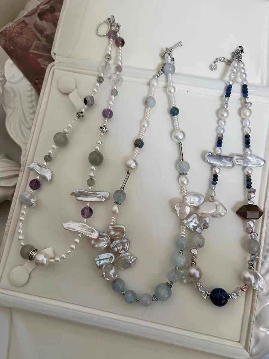 #PN1183 Freshwater Pearl Necklace Blue Grey Silver Petal Baroque Small Fishtail Baroque Aquamarine Grey Moonstone Super 7 Lapis Lazuli Kyanite
