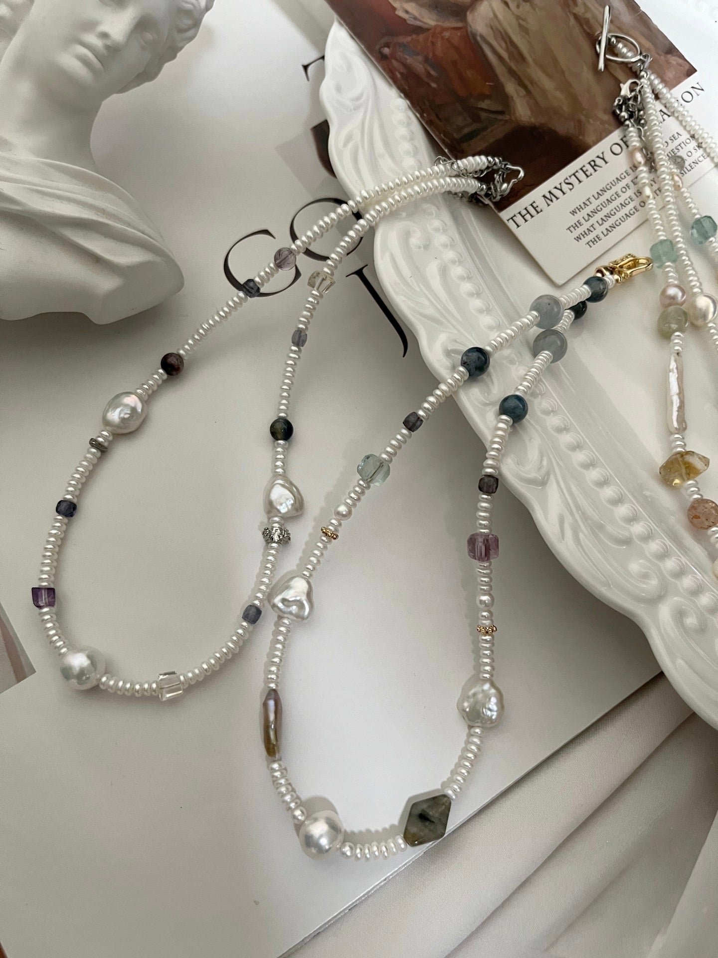 #PN1181 Freshwater Pearl Necklace| Aurora Layered Pearls|Irregular Silver Stone Baroque| Amethyst|Lustrous| Fluorite Kyanite Aquamarine