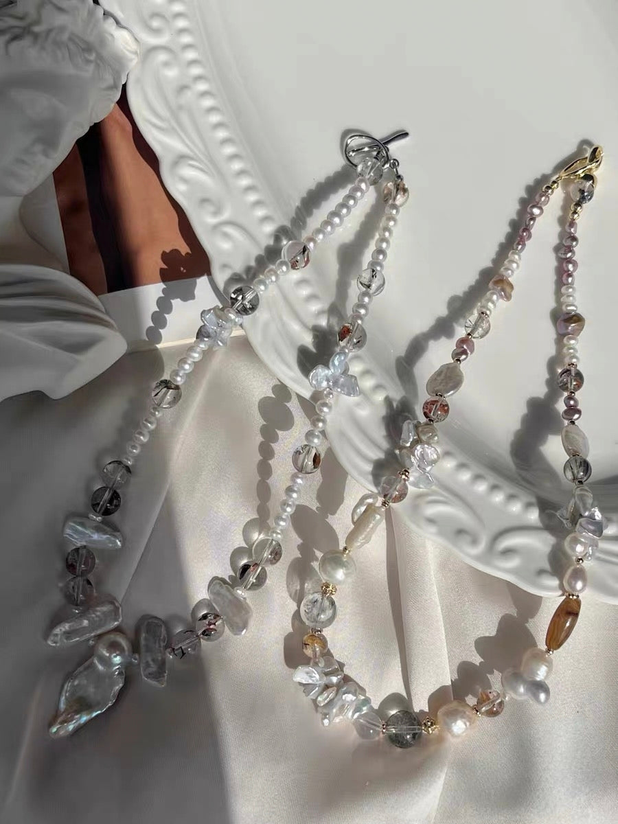 #PN1197 freshwater pearl necklace irregular baroque fishtail silver blue lustre herkimer agate coin pearl